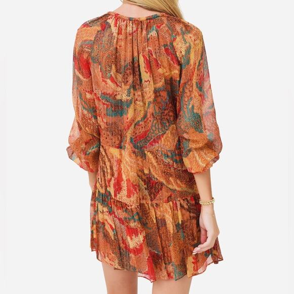 ALC Long Sleeve Silk Mini Dress V Neck Cinched Waist - Picture 2 of 9
